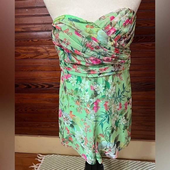 Jay Godfrey Lydia Green Floral Print Strapless Romper Shorts Size 6 Pleated - Picture 9 of 13